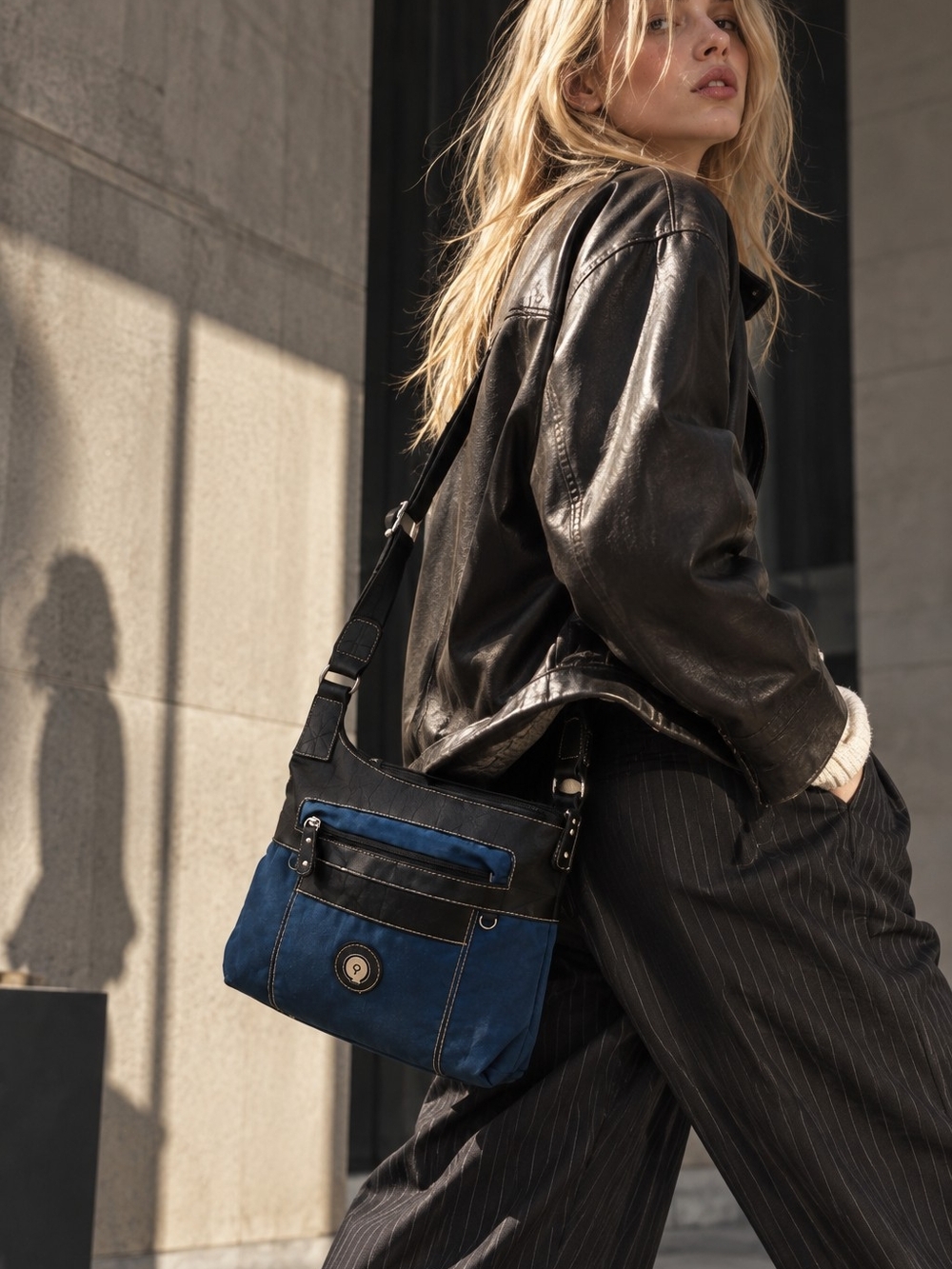 Vintage Mouflon Blue Black Crossbody Bag Y2K Utility